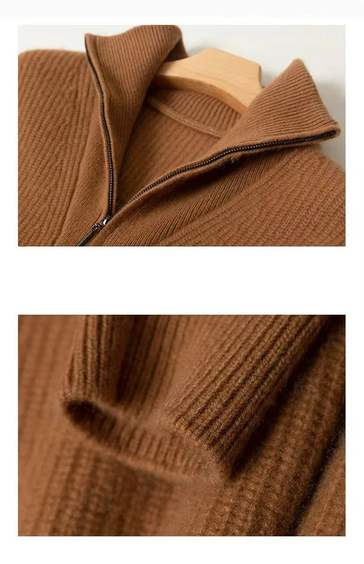 Large lapel thick cashmere sweater women’s 100 pure wool zipper sweater pullover lazy loose knit base top