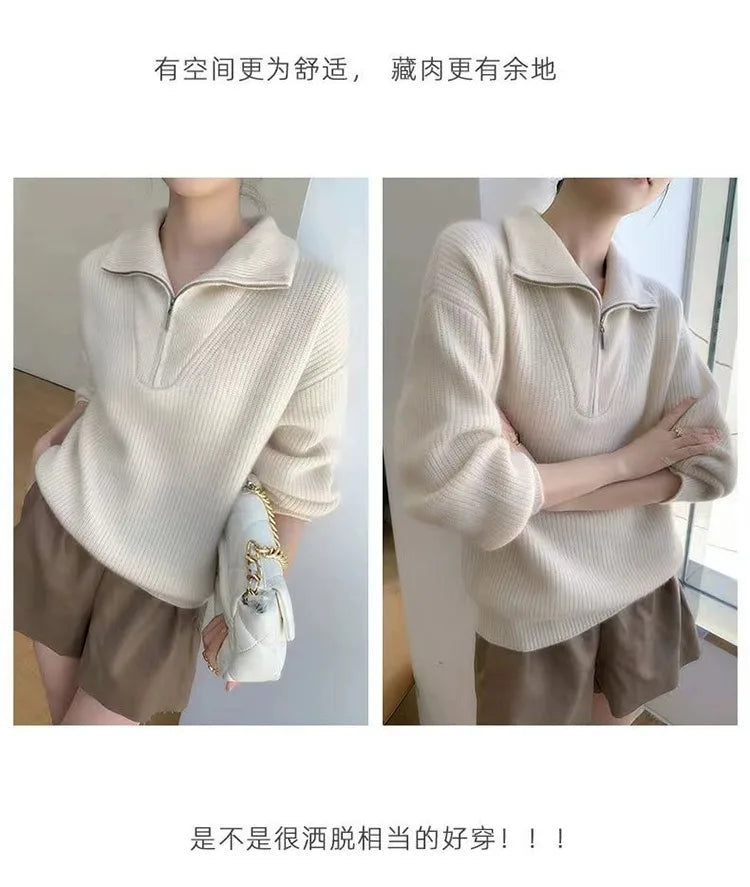 Large lapel thick cashmere sweater women’s 100 pure wool zipper sweater pullover lazy loose knit base top