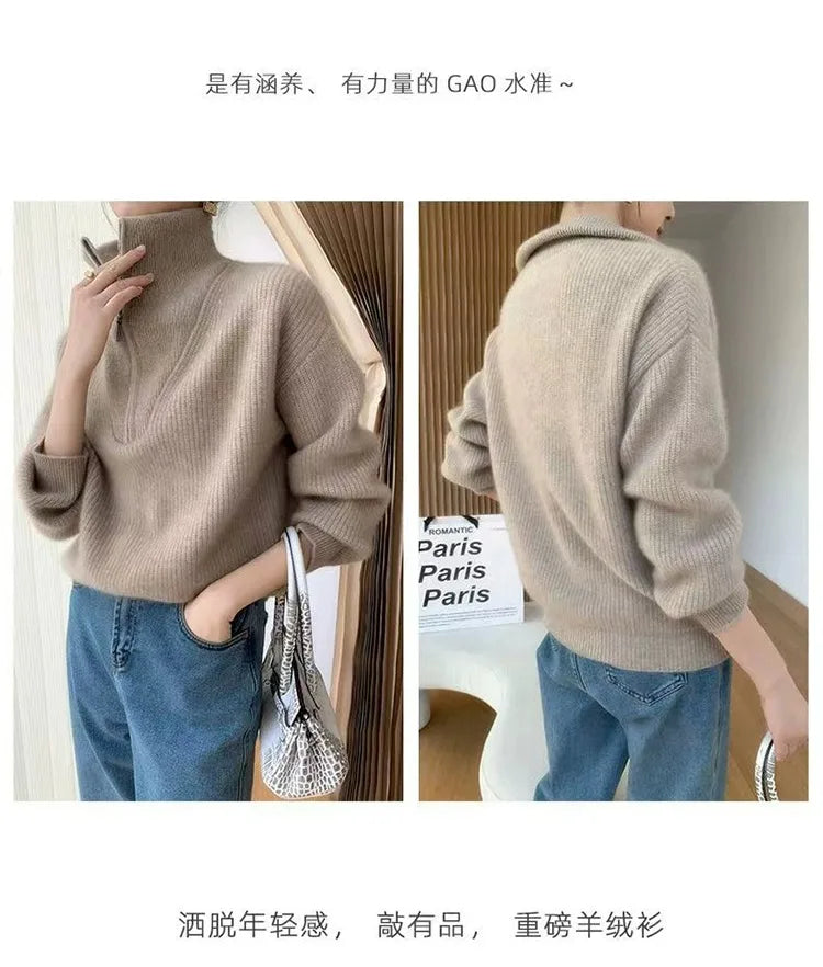 Large lapel thick cashmere sweater women’s 100 pure wool zipper sweater pullover lazy loose knit base top