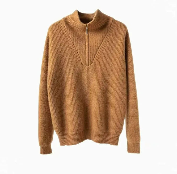 Large lapel thick cashmere sweater women’s 100 pure wool zipper sweater pullover lazy loose knit base top