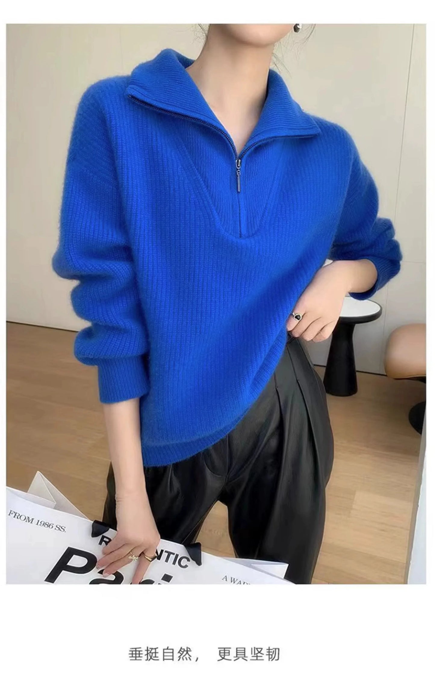 Large lapel thick cashmere sweater women’s 100 pure wool zipper sweater pullover lazy loose knit base top