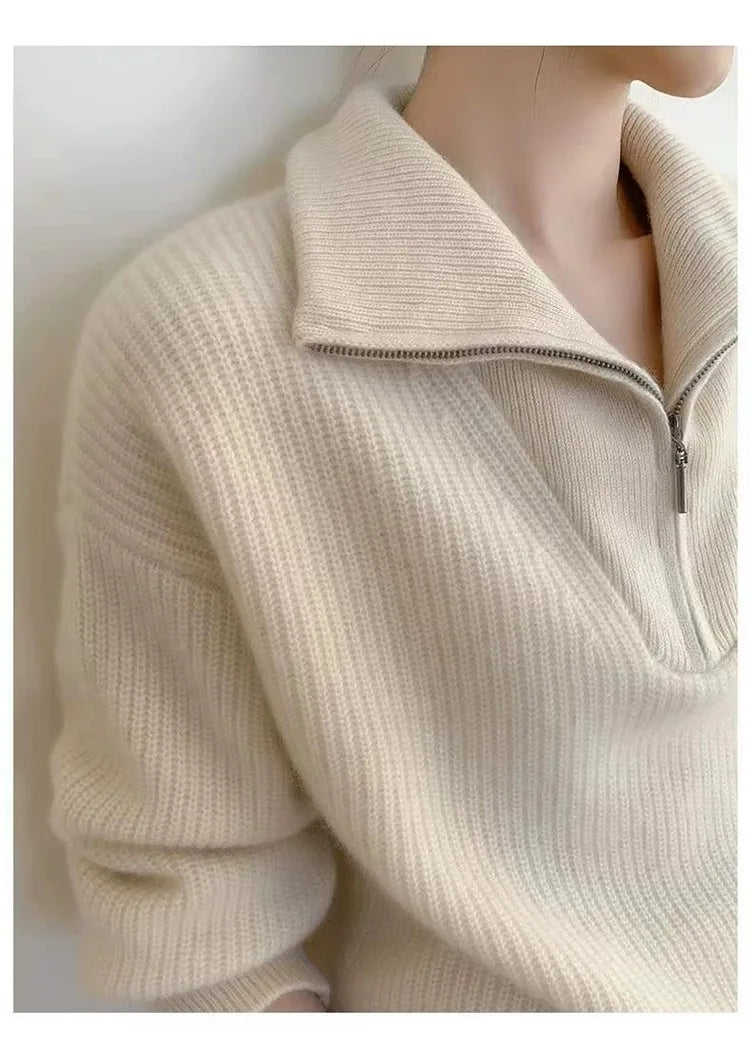 Large lapel thick cashmere sweater women’s 100 pure wool zipper sweater pullover lazy loose knit base top