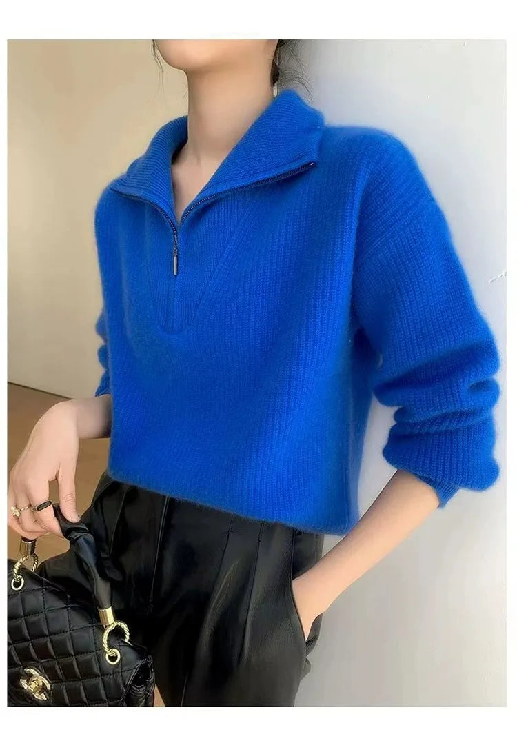 Large lapel thick cashmere sweater women’s 100 pure wool zipper sweater pullover lazy loose knit base top