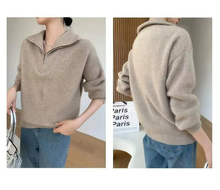 Large lapel thick cashmere sweater women’s 100 pure wool zipper sweater pullover lazy loose knit base top