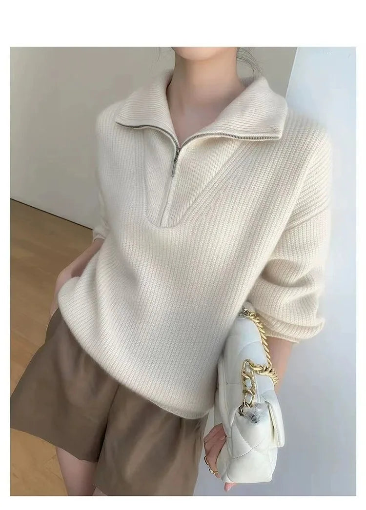 Large lapel thick cashmere sweater women’s 100 pure wool zipper sweater pullover lazy loose knit base top