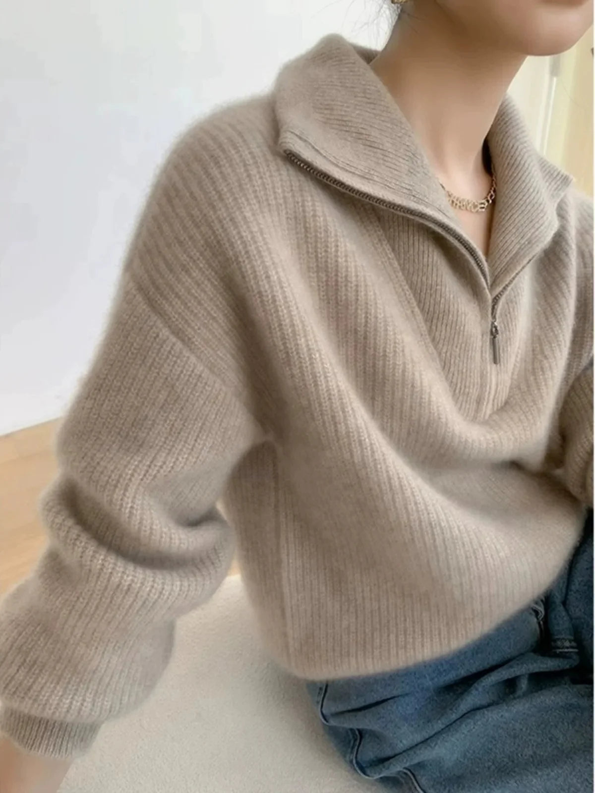 Large lapel thick cashmere sweater women’s 100 pure wool zipper sweater pullover lazy loose knit base top