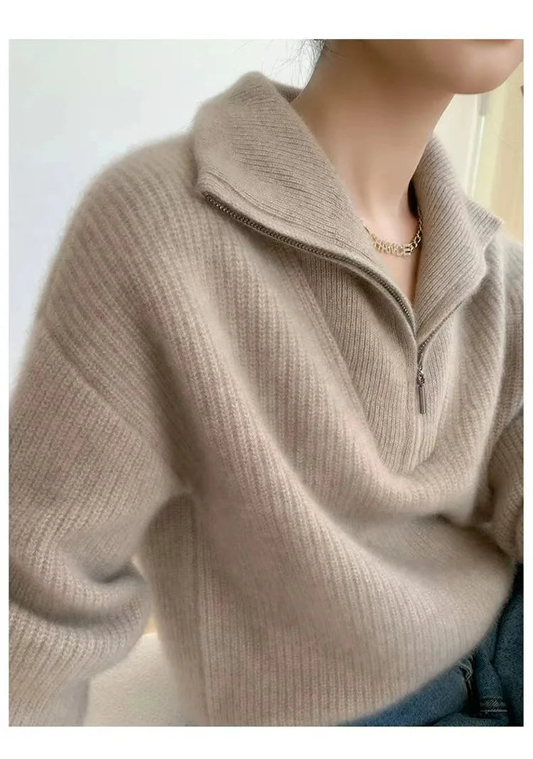 Large lapel thick cashmere sweater women’s 100 pure wool zipper sweater pullover lazy loose knit base top