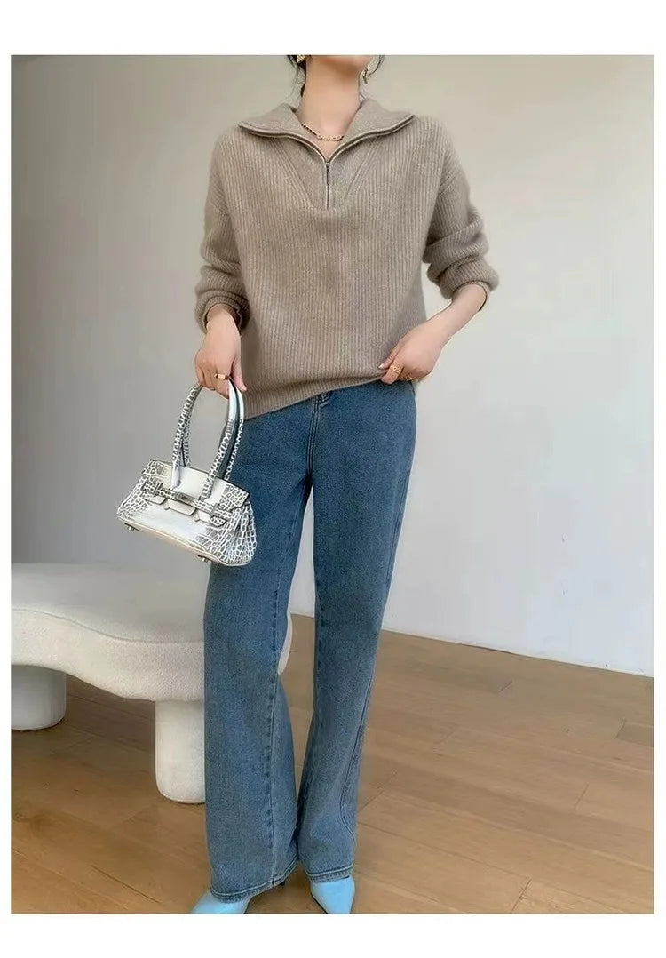 Large lapel thick cashmere sweater women’s 100 pure wool zipper sweater pullover lazy loose knit base top