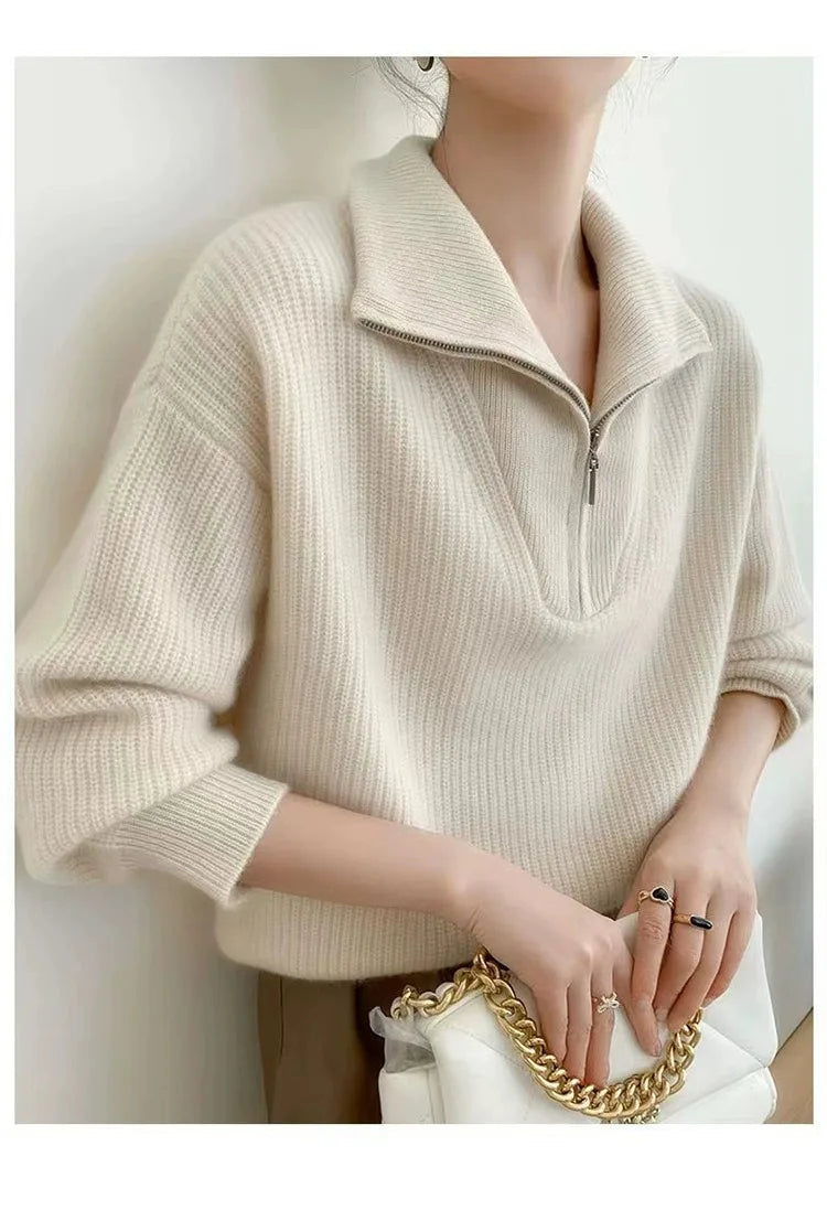 Large lapel thick cashmere sweater women’s 100 pure wool zipper sweater pullover lazy loose knit base top