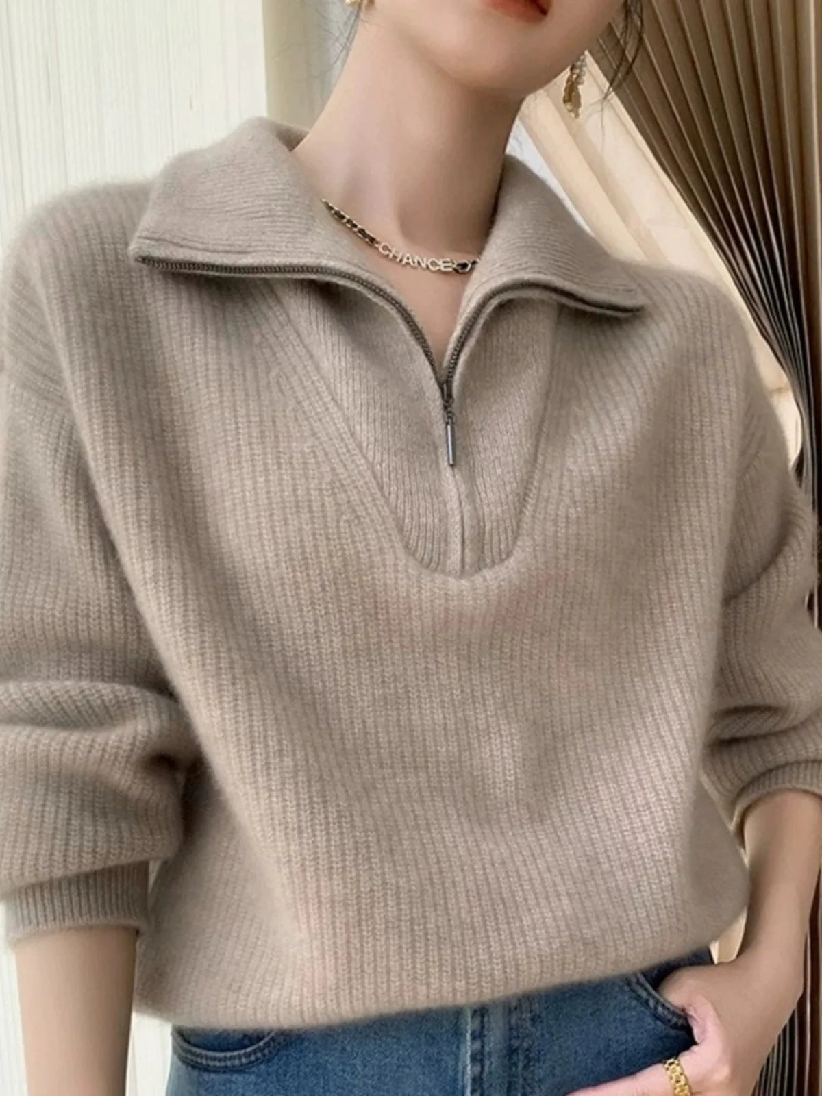 Large lapel thick cashmere sweater women’s 100 pure wool zipper sweater pullover lazy loose knit base top