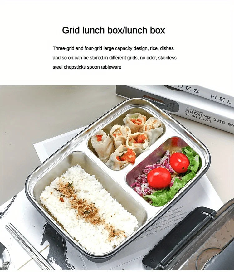 Leak-Proof Stainless Steel Lunch Box With 3/4 Compartments - Durable Easy-Clean Bento Container For Students & Office