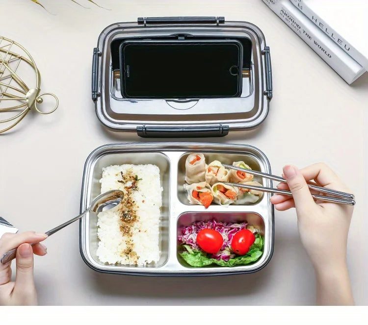 Leak-Proof Stainless Steel Lunch Box With 3/4 Compartments - Durable Easy-Clean Bento Container For Students & Office