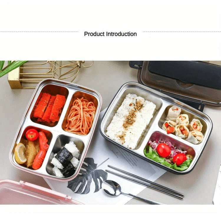 Leak-Proof Stainless Steel Lunch Box With 3/4 Compartments - Durable Easy-Clean Bento Container For Students & Office