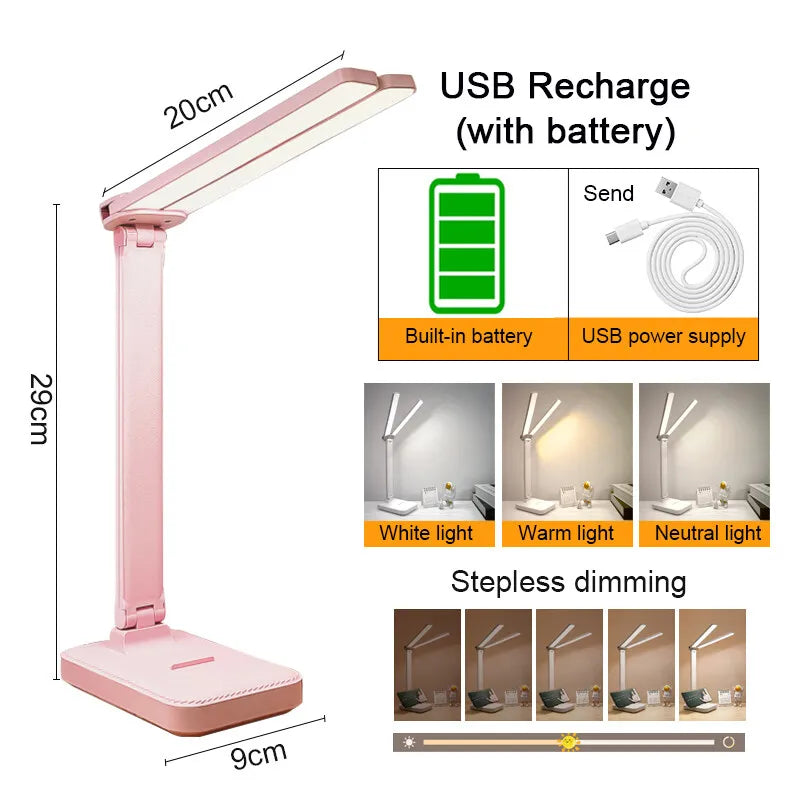 LED Desk Lamp 3 Levels Dimmable Touch Night Light USB Rechargeable Eye Protection Foldable Table Lamp For Bedroom