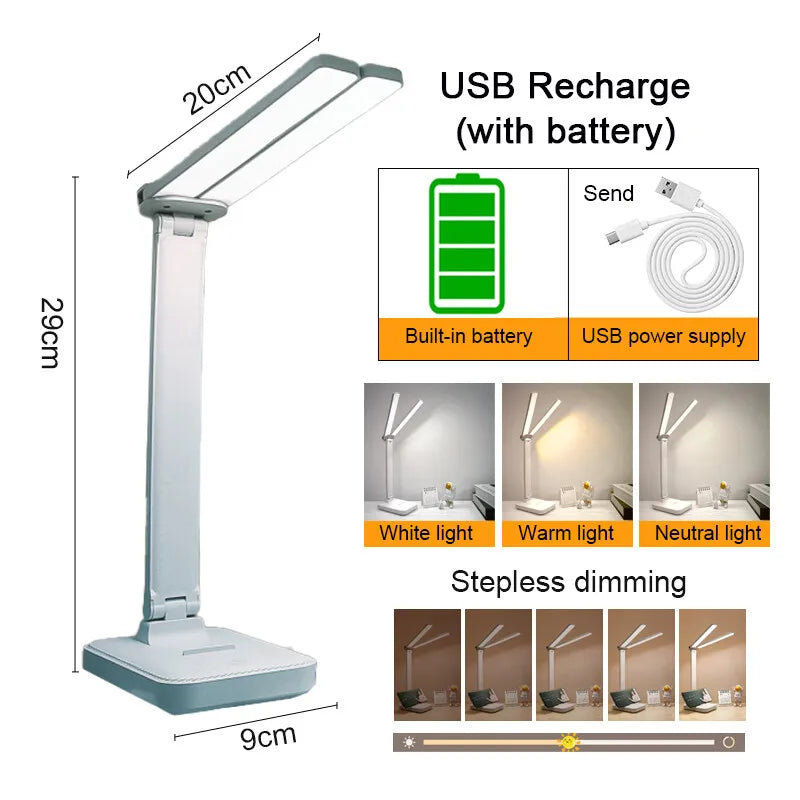 LED Desk Lamp 3 Levels Dimmable Touch Night Light USB Rechargeable Eye Protection Foldable Table Lamp For Bedroom