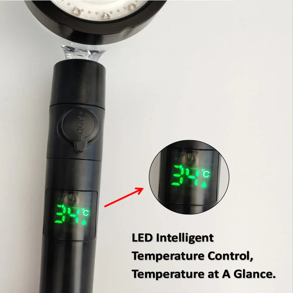 LED Digital Temperature Display Shower Head Temperature Control Colorful Fan Spray Nozzle High Pressure Rainfall