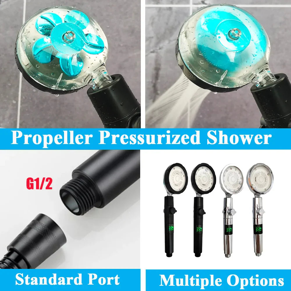 LED Digital Temperature Display Shower Head Temperature Control Colorful Fan Spray Nozzle High Pressure Rainfall