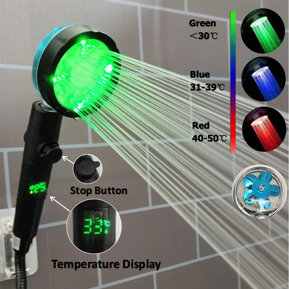 LED Digital Temperature Display Shower Head Temperature Control Colorful Fan Spray Nozzle High Pressure Rainfall