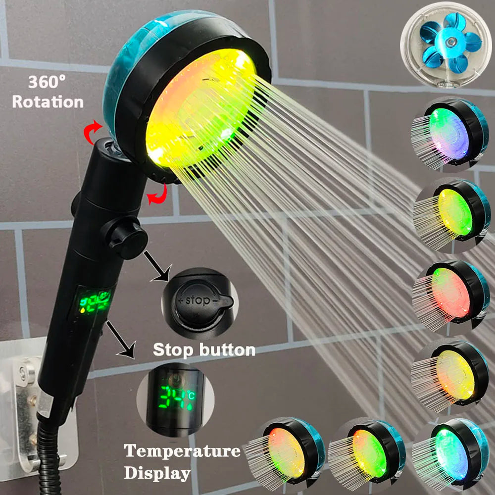 LED Digital Temperature Display Shower Head Temperature Control Colorful Fan Spray Nozzle High Pressure Rainfall