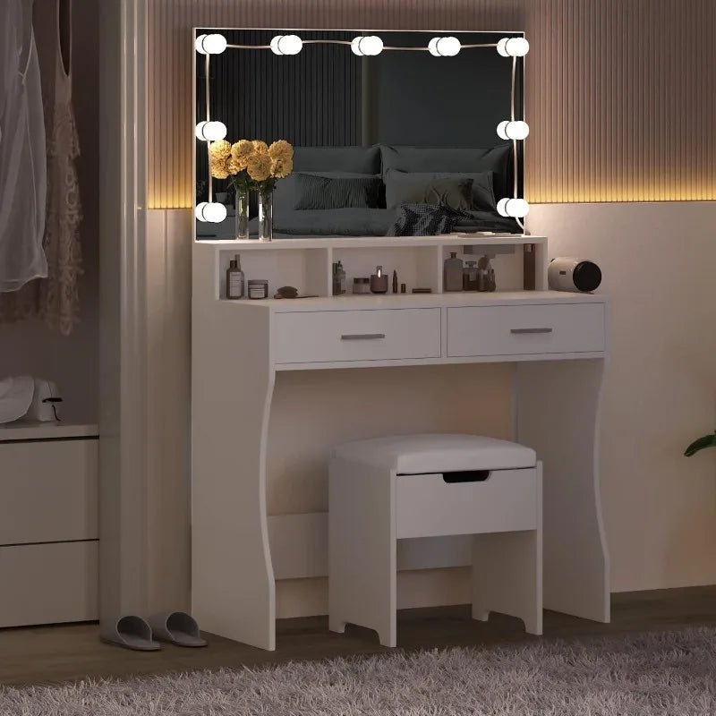 Makeup Vanity White Clearance Desk with Lighted Mirror & Power Outlet 3 Lighting Colors Brightness Adjustable 31.5in(W)