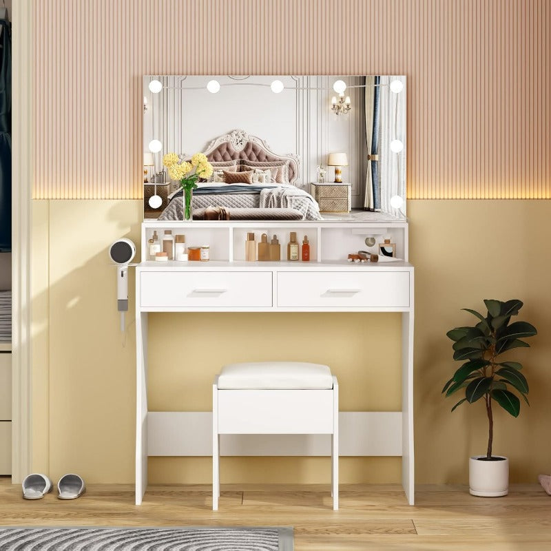 Makeup Vanity White Clearance Desk with Lighted Mirror & Power Outlet 3 Lighting Colors Brightness Adjustable 31.5in(W)