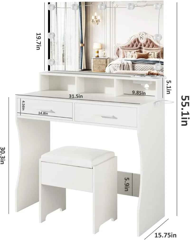 Makeup Vanity White Clearance Desk with Lighted Mirror & Power Outlet 3 Lighting Colors Brightness Adjustable 31.5in(W)