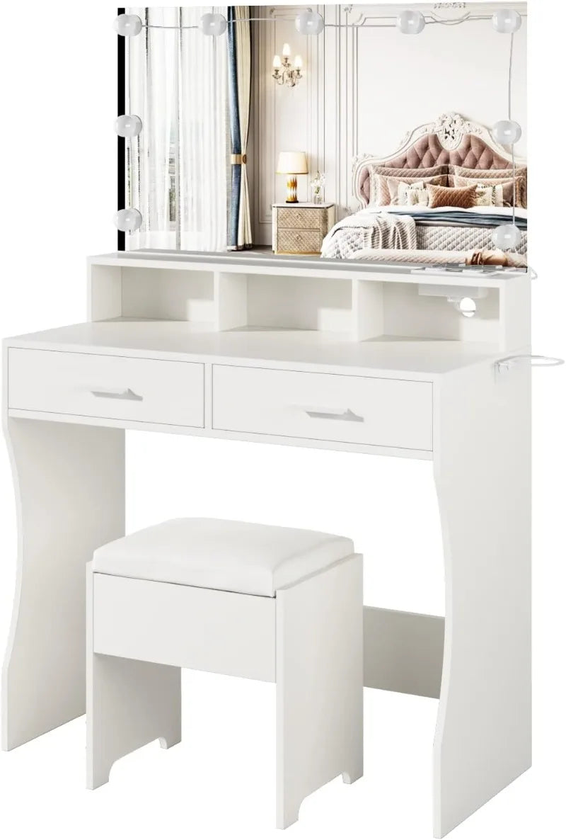 Makeup Vanity White Clearance Desk with Lighted Mirror & Power Outlet 3 Lighting Colors Brightness Adjustable 31.5in(W)