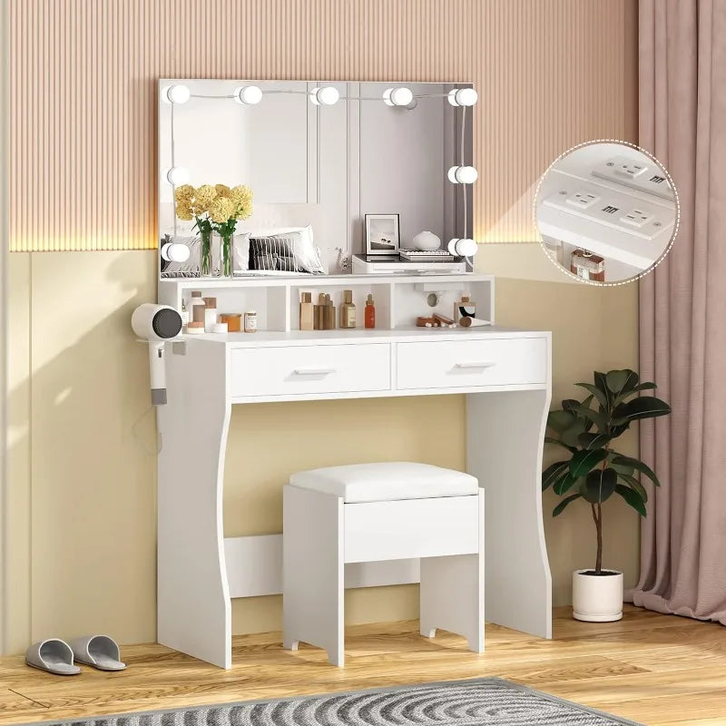 Makeup Vanity White Clearance Desk with Lighted Mirror & Power Outlet 3 Lighting Colors Brightness Adjustable 31.5in(W)