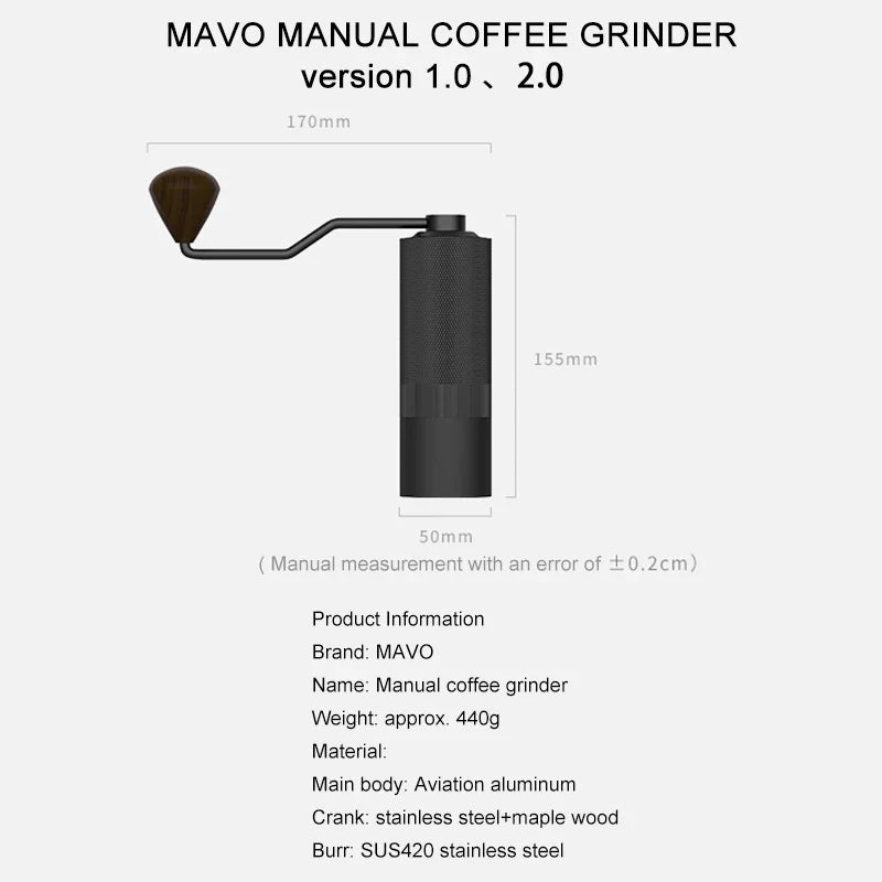 MAVO Manual Coffee Grinder Portable Pour over & Espresso Grinder Hand Grinding Coffee Mill Coffee Machine Coffee