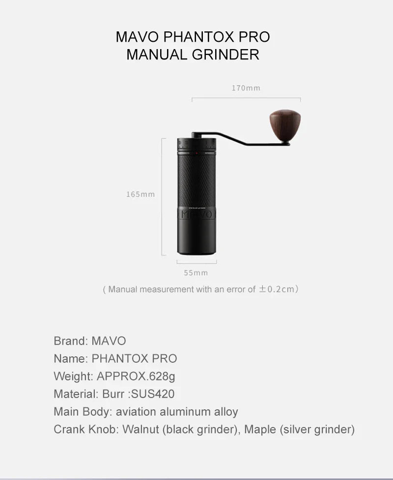 MAVO PHANTOX PRO Manual Coffee Grinder 45mm burr / 120 clicks /3 bearings fix the central shaft / Hand-crank Coffee