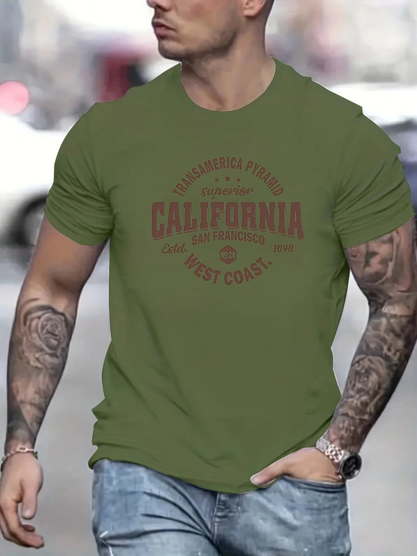 Men’s 100% cotton casual sports loose fit California West Coast print round neck short sleeved T-shirt top