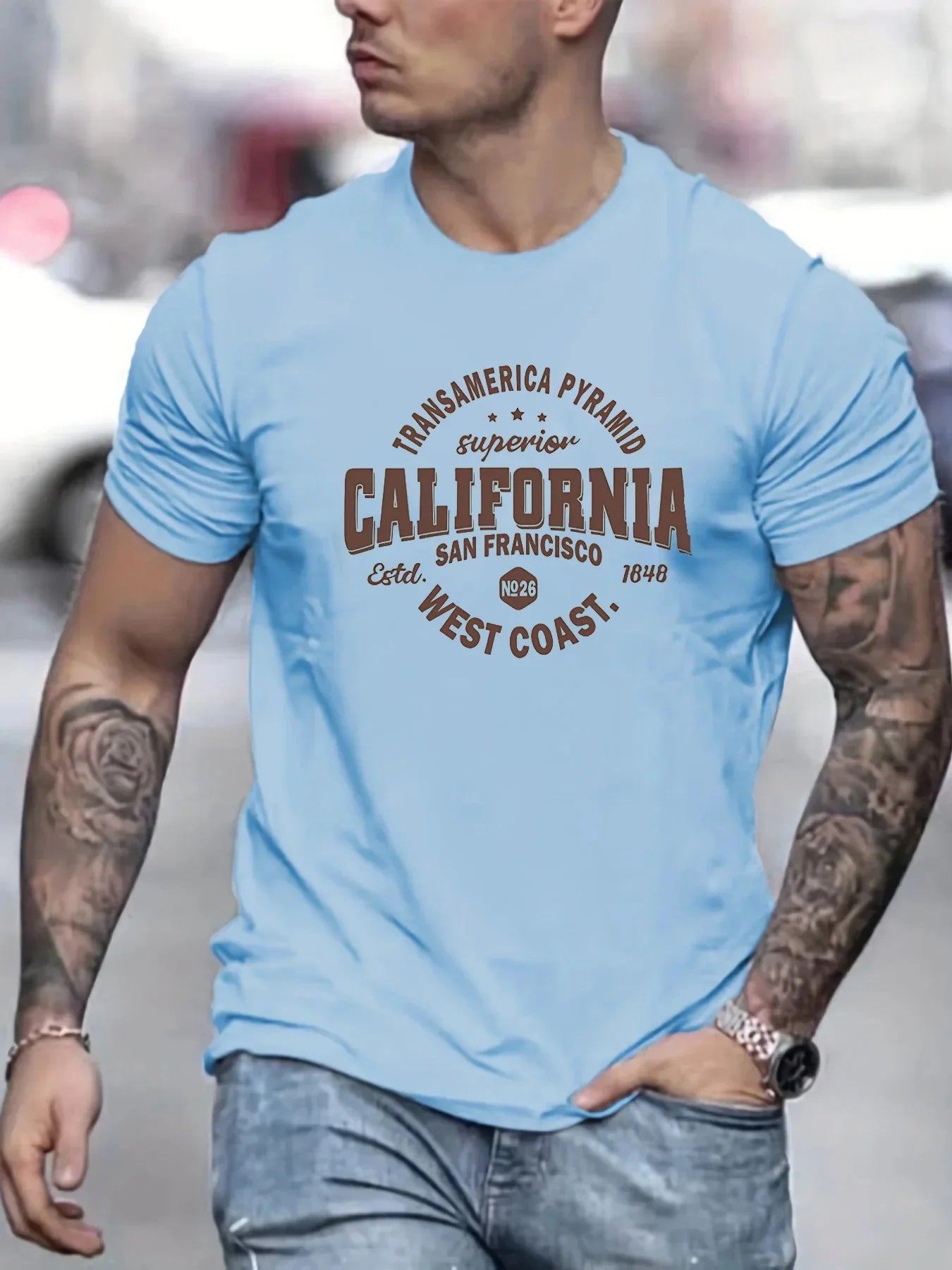 Men’s 100% cotton casual sports loose fit California West Coast print round neck short sleeved T-shirt top