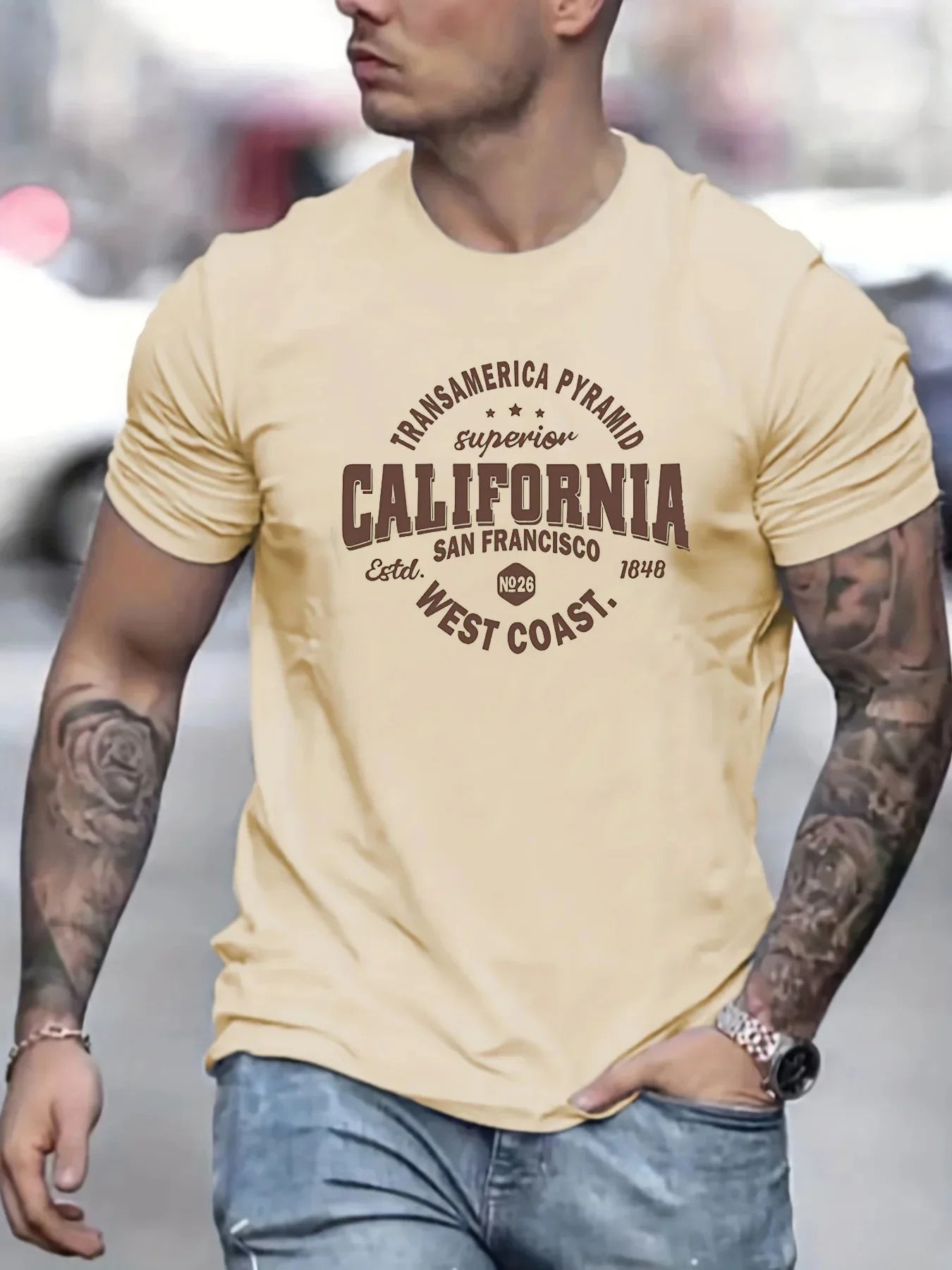 Men’s 100% cotton casual sports loose fit California West Coast print round neck short sleeved T-shirt top