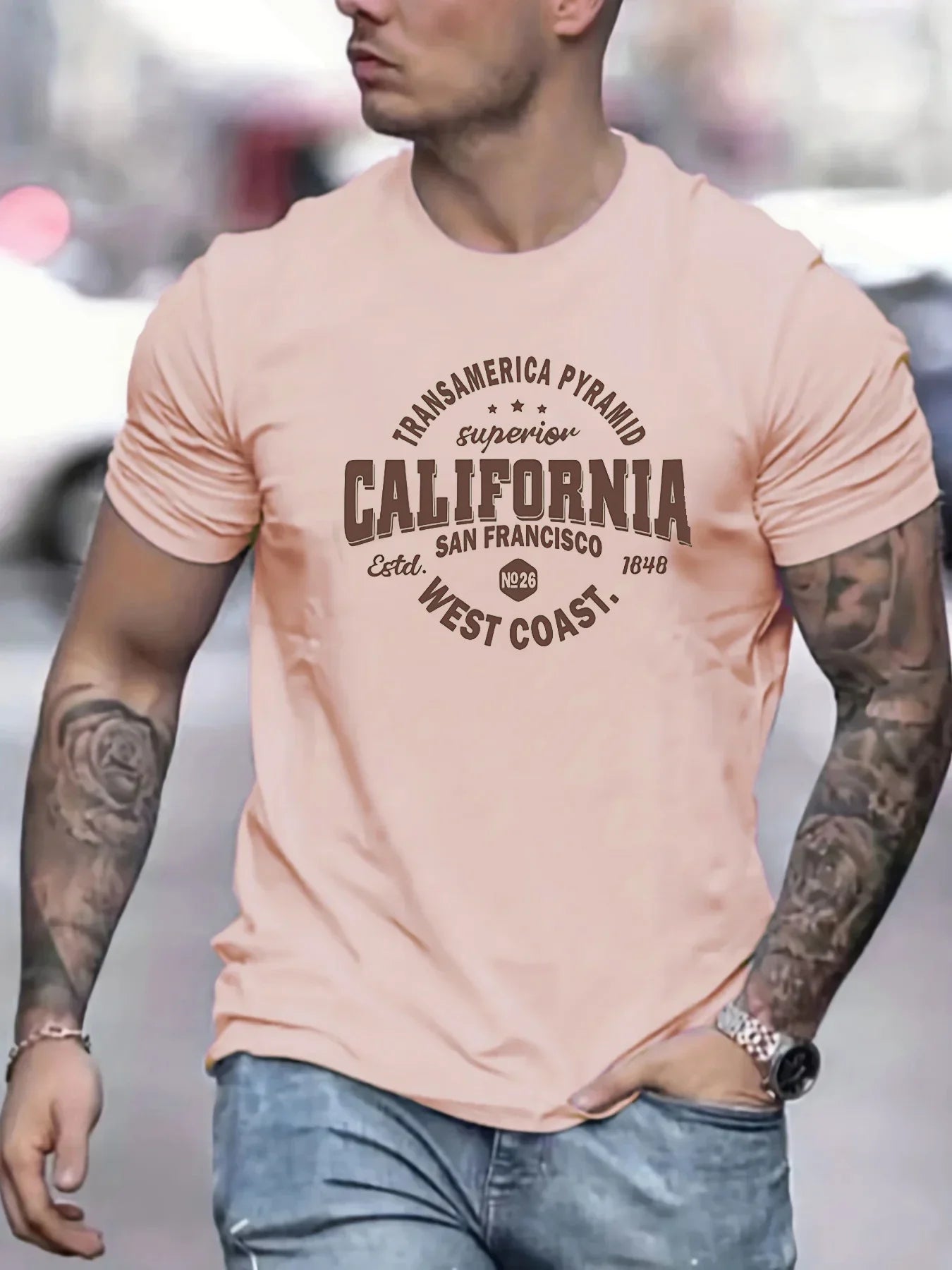 Men’s 100% cotton casual sports loose fit California West Coast print round neck short sleeved T-shirt top