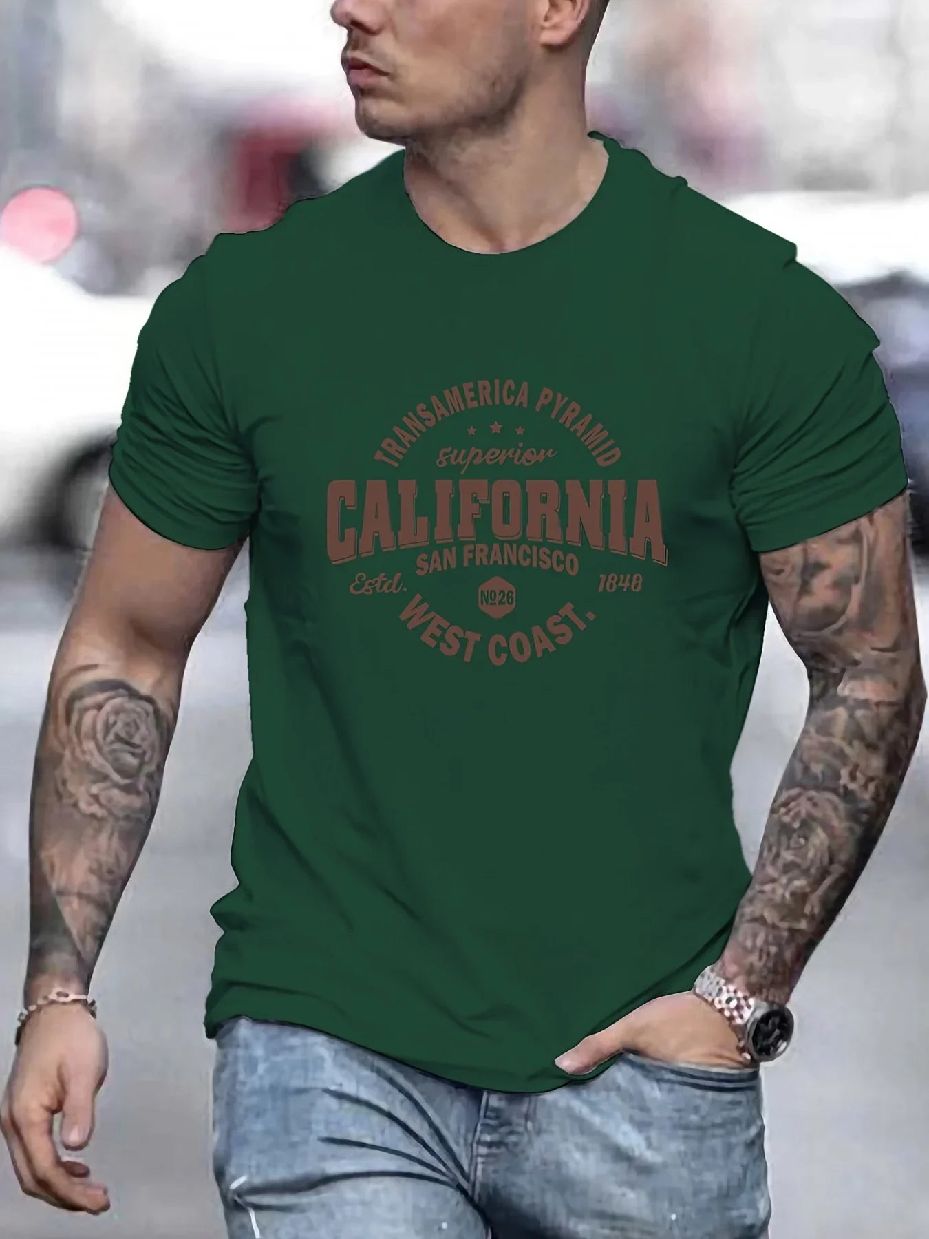 Men’s 100% cotton casual sports loose fit California West Coast print round neck short sleeved T-shirt top