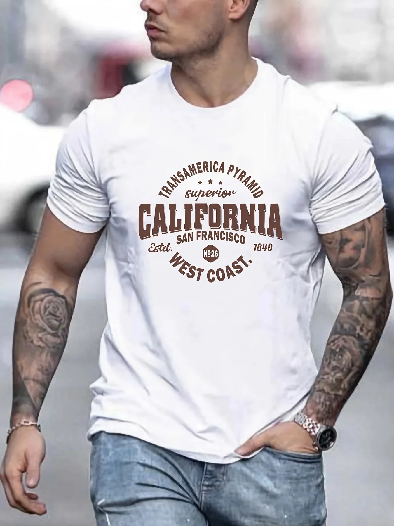 Men’s 100% cotton casual sports loose fit California West Coast print round neck short sleeved T-shirt top