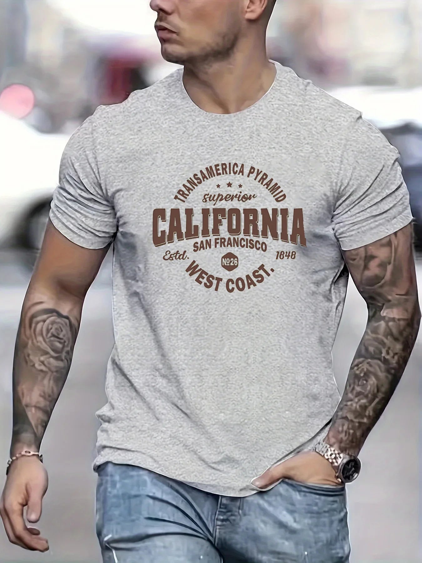 Men’s 100% cotton casual sports loose fit California West Coast print round neck short sleeved T-shirt top