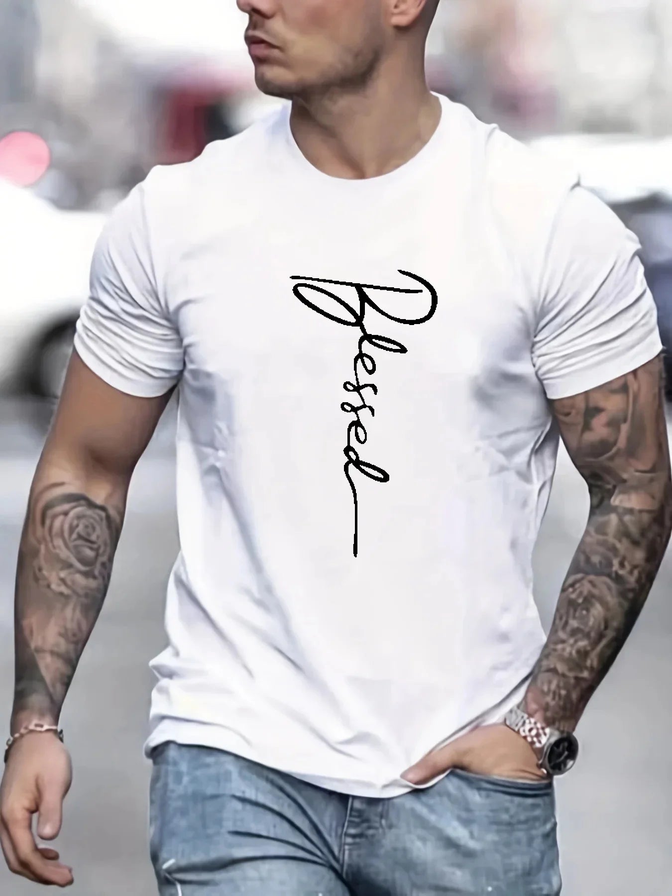 Men’s 100% cotton summer loose fit oversized Blessed printed slim fit casual sports round neck short sleeved T-shirt top