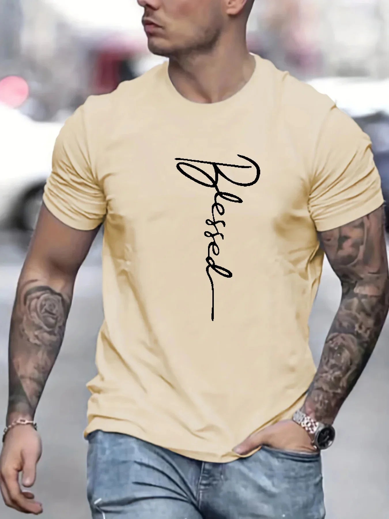 Men’s 100% cotton summer loose fit oversized Blessed printed slim fit casual sports round neck short sleeved T-shirt top