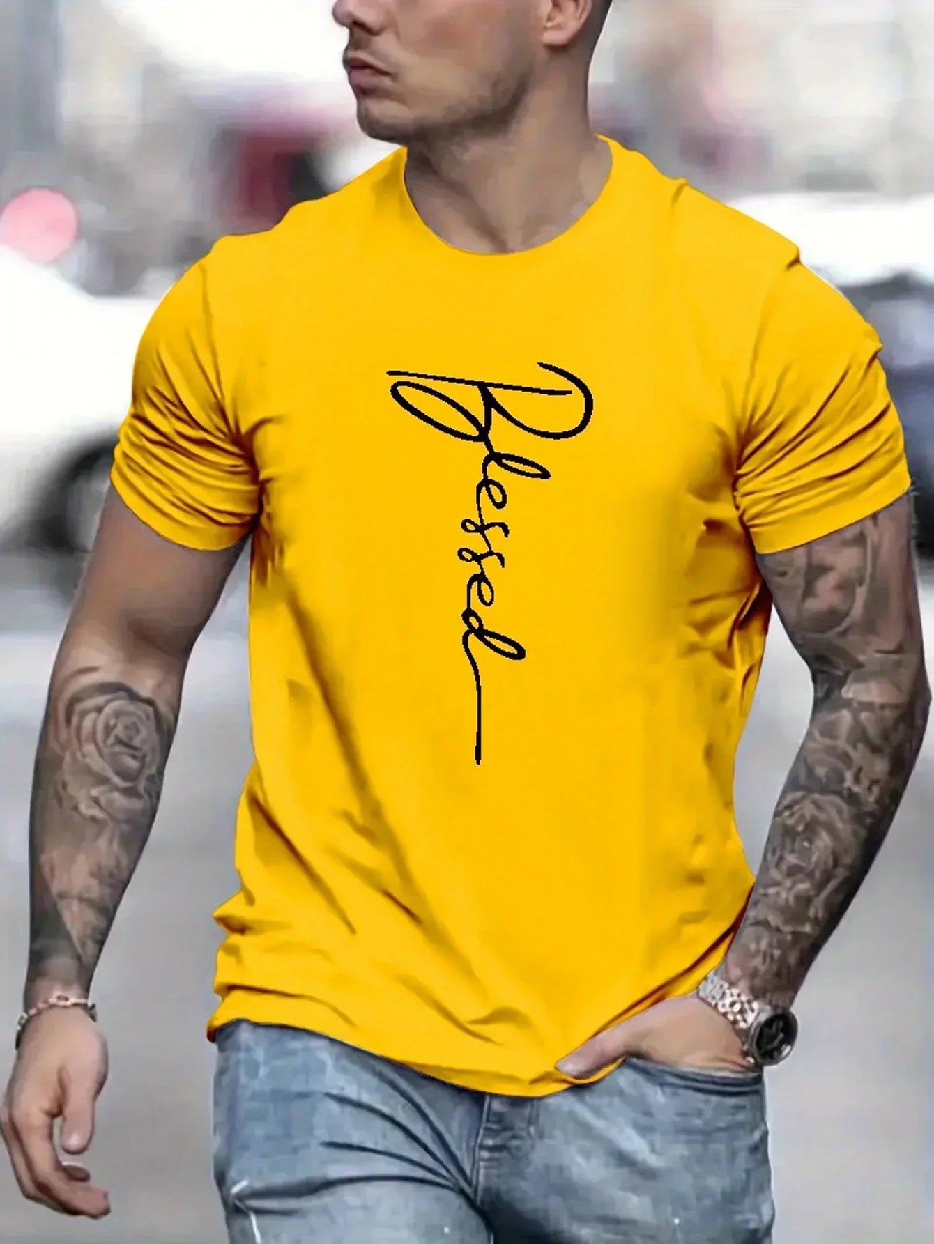 Men’s 100% cotton summer loose fit oversized Blessed printed slim fit casual sports round neck short sleeved T-shirt top