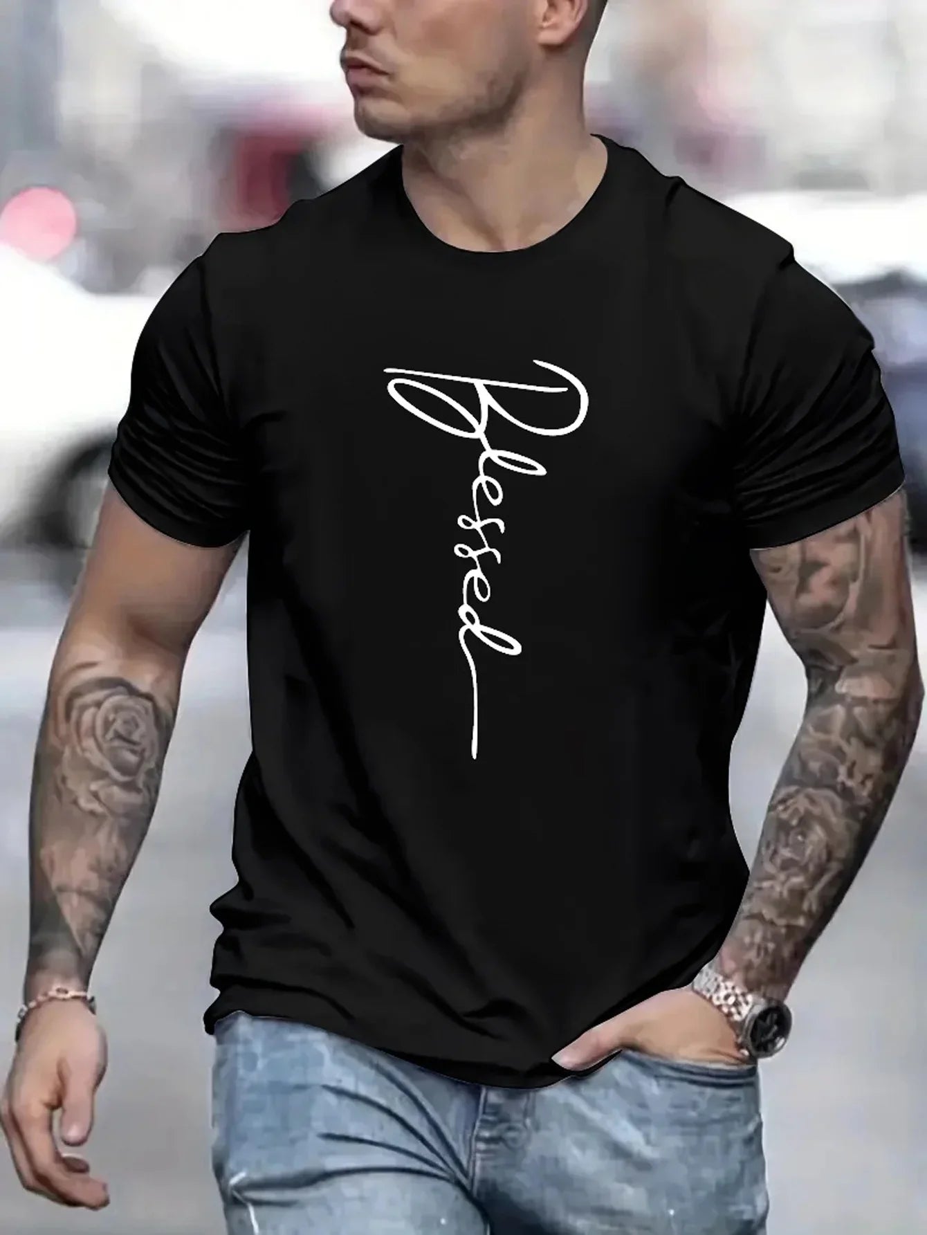 Men’s 100% cotton summer loose fit oversized Blessed printed slim fit casual sports round neck short sleeved T-shirt top