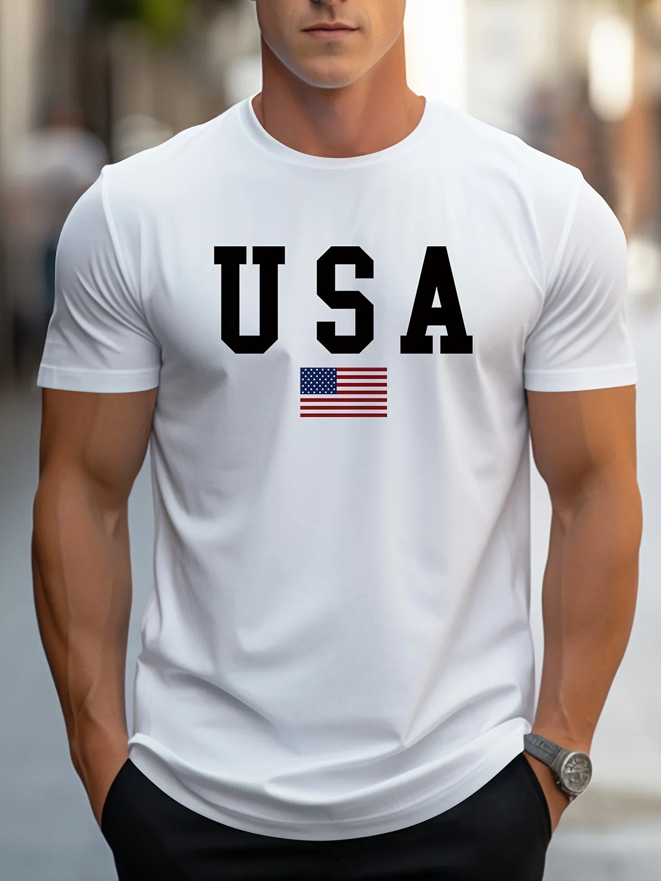 Men’s 100% pure cotton summer loose fit large Usa print casual slim fit round neck short sleeved T-shirt top