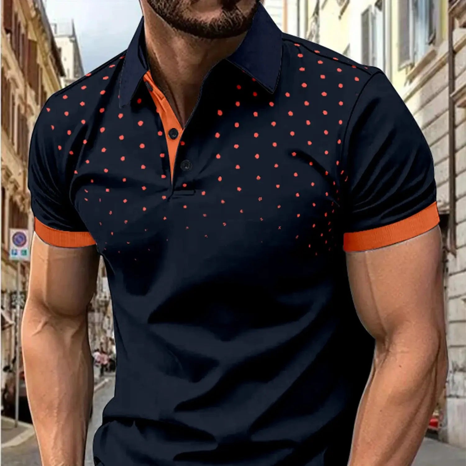 Men’s 3D printed short sleeve and lapel short sleeve color matching fashion