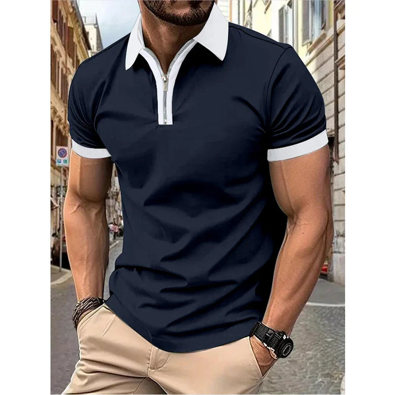 Men’s Fashion Casual top Short Sleeve color with stylish zipper with men’s lapel short sleeve top T-shirt Fashion