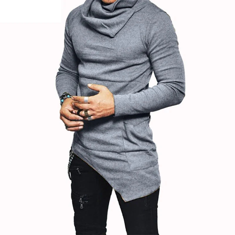 Men’s Hoodies Unbalance Hem Pocket Long Sleeve Sweatshirt For Men Clothing Autumn Turtleneck Sweatshirt Top Hoodie