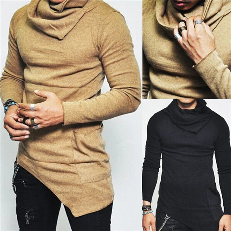 Men’s Hoodies Unbalance Hem Pocket Long Sleeve Sweatshirt For Men Clothing Autumn Turtleneck Sweatshirt Top Hoodie