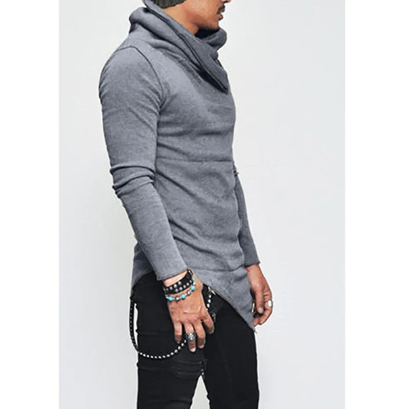 Men’s Hoodies Unbalance Hem Pocket Long Sleeve Sweatshirt For Men Clothing Autumn Turtleneck Sweatshirt Top Hoodie