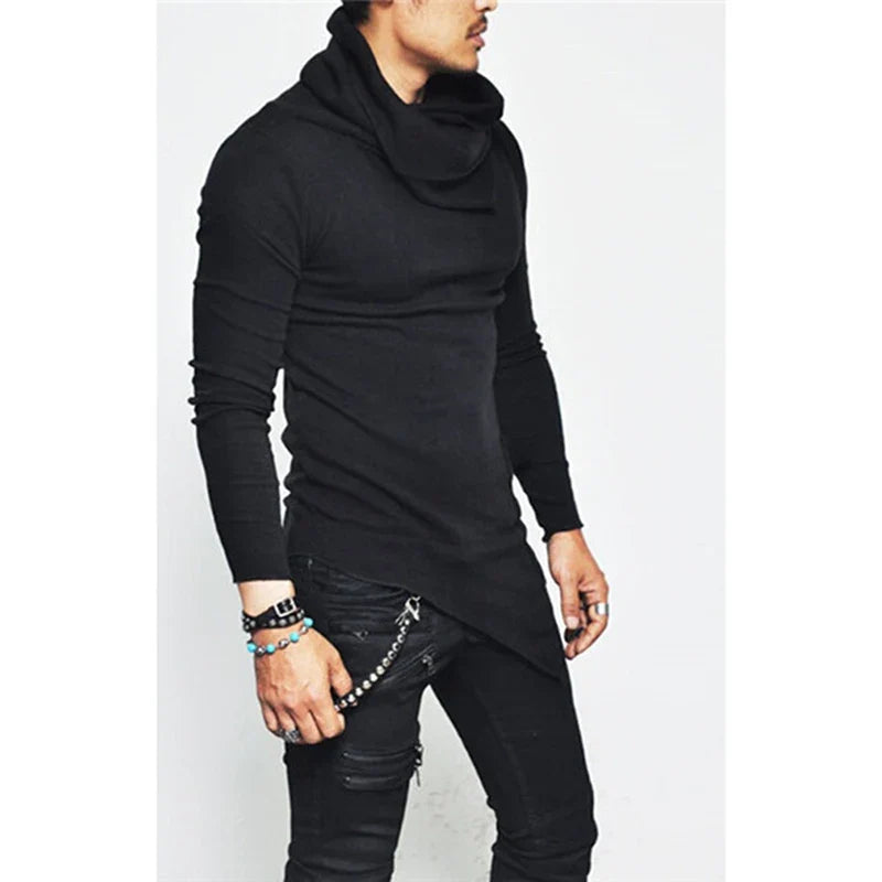 Men’s Hoodies Unbalance Hem Pocket Long Sleeve Sweatshirt For Men Clothing Autumn Turtleneck Sweatshirt Top Hoodie