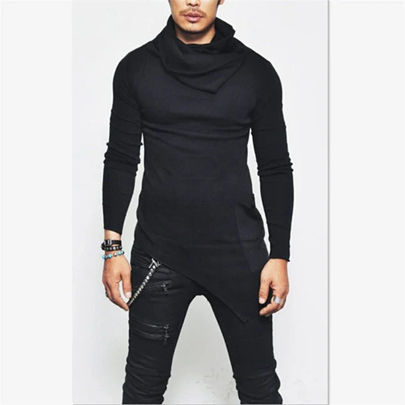 Men’s Hoodies Unbalance Hem Pocket Long Sleeve Sweatshirt For Men Clothing Autumn Turtleneck Sweatshirt Top Hoodie