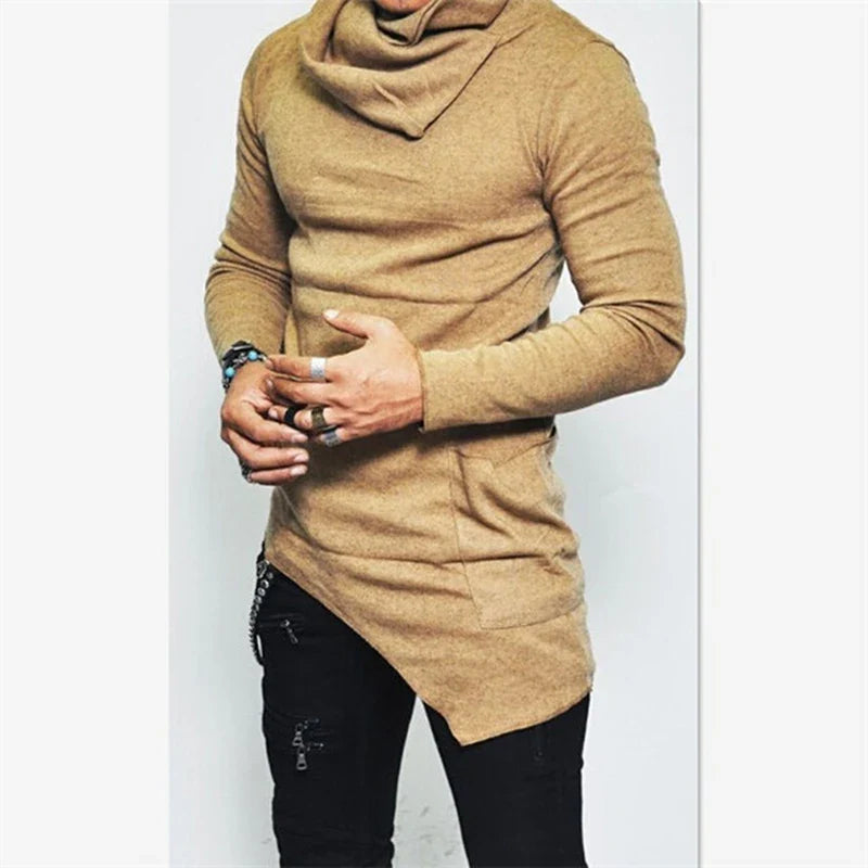 Men’s Hoodies Unbalance Hem Pocket Long Sleeve Sweatshirt For Men Clothing Autumn Turtleneck Sweatshirt Top Hoodie